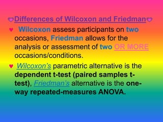 Differences of Wilcoxon and Friedman
 Wilcoxon assess participants on two
occasions, Friedman allows for the
analysis or assessment of two OR MORE
occasions/conditions.
 Wilcoxon’s parametric alternative is the
dependent t-test (paired samples t-
test), Friedman’s alternative is the one-
way repeated-measures ANOVA.
 