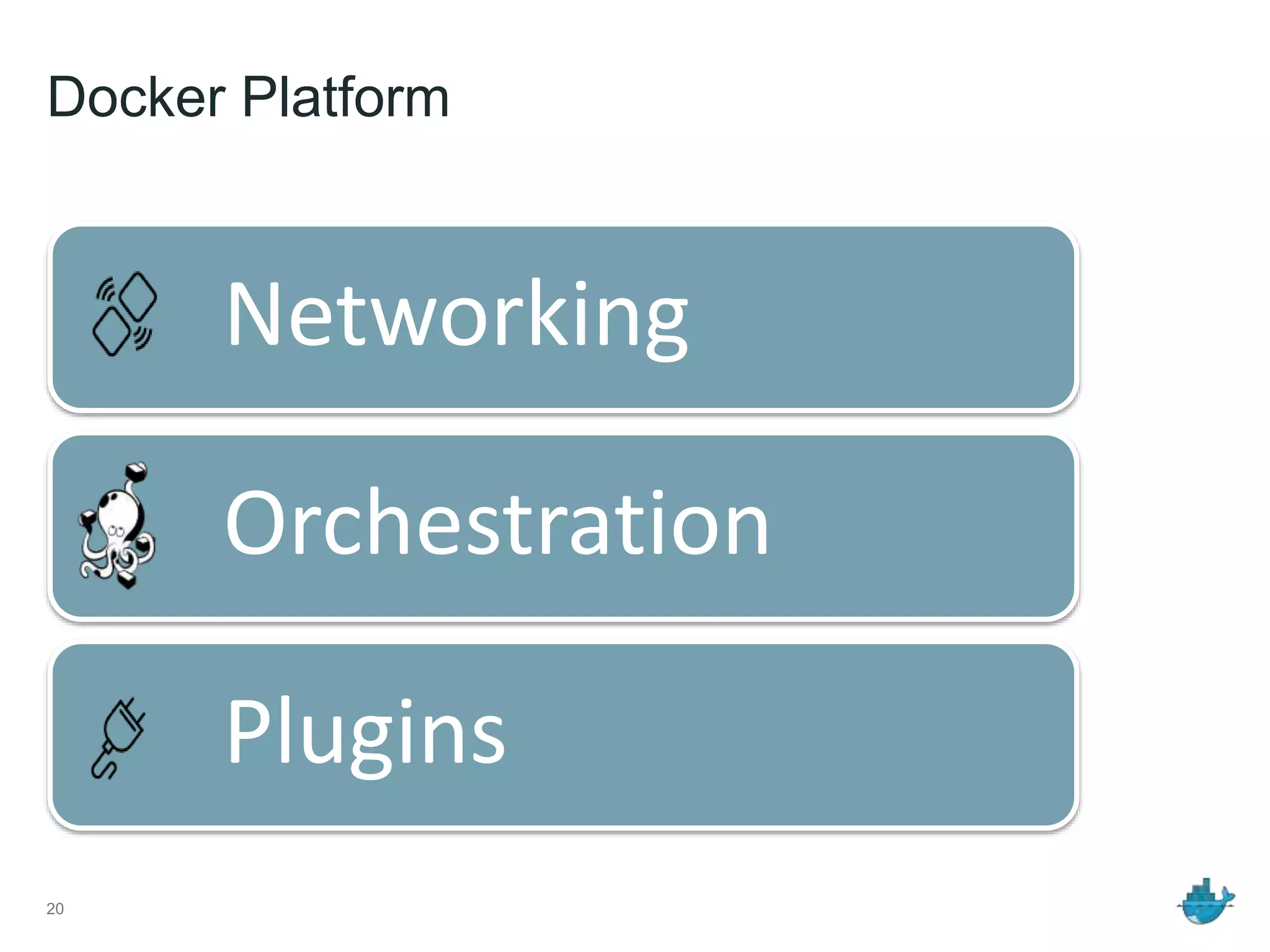 Networking
Orchestration
Plugins
20
Docker Platform
 