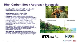 • Aim: Use AI to better identify forests with
high carbon stock and protect them
• Main partners: High Carbon Stock
Approach (HCSA) and ETH Zürich
• For whom: Small-holder farmers, commodity
sectors, NGOs and local/regional governments for
sustainable agricultural planning, forest protection
and sustainable supply-chain management
• For what: All these groups can better identify
forests with high carbon stock and therefor better
protect them
• How: Data and AI models for maps will be and
made openly accessible to create broad access to
this highly advanced tech and enable local
stakeholders to build on it
• Why Artificial Intelligence? AI makes the HCS
approach more efficient, less expensive, and adds
the ability to scale across geographies and regions
High Carbon Stock Approach Indonesia
17
 