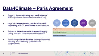 04.12.20
23
Titel der Präsentation
6
• Support the monitoring and evaluation of
NDCs (national determined contributions).
• Improve measurement, verification and
reporting of CO2 emissions across sectors.
• Enhance data-driven decision-making by
policy makers, consumers and investors
• Facilitating climate finance through improved
visibility and credibility (international
cooperation)
Data4Climate – Paris Agreement
 