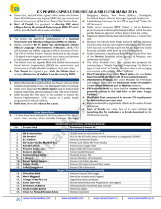 GK POWER CAPSULE FOR UIIC AO & SBI CLERK MAINS 2016
20 www.bankersadda.com | www.sscadda.com | www.careerpower.in | www.careeradda.co.in
Union Govt. and J&K Govt. signed a MoU under the Scheme
Ujwal DISCOM Assurance Yojana (UDAY) for operational and
financial turnaround of the State’s Power Distribution Dept.
Govt. of Punjab has proposed to develop 200 smart
villages during the current financial year 2016-17 which
will be provided with ultra-modern facilitie.
Odisha in News
The Centre has approved establishment of a National
Investment and Manufacturing Zone (NIMZ) in Odisha.
Odisha Governor Dr SC Jamir has promulgated Odisha
Official Language (Amendment) Ordinance, 2016. This
will facilitate use of Odia language in official business of Govt.
The CM of Odisha Naveen Patnaik dedicated to the people
100 piped water supply projects for rural areas and promise
to make piped water provision in all GP by 2017.
The Odisha Govt. has signed a MoU with Sulabh International
Social Service Organisation (SISSO) for construction and
maintenance of ‘hybrid toilet complexes’ in its nine cities.
Tata Trusts has signed a pact with the Odisha Govt. to
achieve elimination of Malaria from the state by 2030.
Delhi in News
Delhi CM Arvind Kejriwal launched the Phase I of Green Delhi
initiative by planting trees at the Triangular Park, ITO Chowk.
Delhi Govt. launched PoochhO Carpool app to help people
explore carpooling options during 15 day Odd-even Scheme.
Delhi became the first state in the country to launch the
Human Papillomavirus (HPV) vaccine as a public health
programme for school children.
Delhi bans chewable tobacco for a year.
Other States News
13 cities have been selected in the first phase of the Govt.’s
smart cities mission, which includes Lucknow, Warangal,
Bhagalpur, Raipur, New Town Kolkata, Chandigarh,
Faridabad, Raipur, Ranchi, Warangal, Agartala, Imphal, etc.
Lakshadweep becomes the first UT to sign 24x7 ‘Power for
All’ document.
Public sector company NBCC (India) is set to kickstart
projects aimed at cleaning the Ganga in Bihar, which has also
got the financial approval for few project from the centre.
Nagaland capital Kohima has been declared as a ‘smoke-free
city’.
Manipur CM Okram Ibobi Singh declared that the National
Food Security Act has been implemented the state. The state
Govt. has also stated that as per the Act one kg of rice would
be made available at Rs 3 per kg to the beneficiaries.
Sajibu Cheiraoba, a traditional festival that marks New Year
of the Meiteis (majority ethnic group) of Manipur, was
celebrated on 8 April.
The Uttar Pradesh Govt. has cleared the proposal for
constructing a “bicycle highway” connecting Taj Mahal in
Agra to Lion safari in Etawah. The plan aims at encouraging
eco-tourism in the vicinity of the Taj Mahal.
Uttar Pradesh Govt., appointed Manzil Saini as the new Senior
Superintendent of Police (SSP) of state capital Lucknow.
Dharmendra Pradhan, the Union Minister for Petroleum
and Natural Gases laid the foundation stone of Country's
1st its of kind Octomax unit at Mathura refinery.
PM Narendra Modi has launched the country's first solar
powered e-boats at the Assi Ghat in the river Ganga,
Varanasi.
Jharkhand Govt. announced to reserve 2% employment
for meritorious sportspersons.
Kerala declared first digital state of India by President Pranab
Mukherjee.
Govt. of Kerala has taken first of its kind initiative by
launching the Air Ambulance in Kerala launched by the
CM Oommen handy.
OBITUARIES (NATIONAL/INTERNATIONAL)
S.No Person Died Profession/Famous In?
Politician (National-International)
1. MP K Anirudhan CPI(M) veteran and former MLA
2. SM Seenivel MLA of the All India Anna Dravida Munnetra Kazhagam (AIADMK)
3. KC Mathew Veteran communist leader
4. BJP leader Rudra Madhab Ray Former Lok Sabha MP from Odisha
5. Balraj Madhok Former Jana Sangh Chief
6. Praveen Rashtrapal Rajya Sabha MP from Gujarat
7. Romesh Sharma Former JandK Minister
8. Banharn Silpa-archa Thailand former PM
9. C Silvera Former Member of Parliament
10. Purno Agitok Sangma Former Lok Sabha Speaker
11. Ashok Ghosh Veteran All-India Forward Bloc leader
12. Anker Joergensen Former PM of Denmark
Singer/Musician(National-International)
13. Diwaliben Bhil Veteran Gujarati folk singer
14. Merle Haggard American country music legend
15. George Henry Martin Legendary music producer
16. Keith Emerson British Keyboardist and Progressive rock legend
17. Ernestine anderson Internationally renowned Jazz vocalist
18. Frank Sinatra Junior American singer
19. Ustad Ali Ahmad Hussain Khan Shehnai exponent
 
