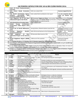GK POWER CAPSULE FOR UIIC AO & SBI CLERK MAINS 2016
22 www.bankersadda.com | www.sscadda.com | www.careerpower.in | www.careeradda.co.in
Asia’s 50 Power Businesswomen
2016 list.
3. Dell, Future Ready Economies
Model
Delhi was ranked 44th San Jose topped the list
4. The World Anti-Doping Agency
(WADA), Anti-Doping Rule
Violations (ADRVs) Report
India ranked third worldwide in the report The two countries above
India are Russia and
Italy.
5. Time Magazine, list of 100 Most
Influential People in the World.
RBI Governor Raghuram Rajan, tennis player Sania Mirza, actress Priyanka
Chopra, Google CEO Sundar Pichai and founders of Flipkart, Binny Bansal and
Sachin Bansal have been in the list.
6. 2016 World Press Freedom Index India ranked 133rd Finland topped the list.
7. Global Energy Architecture
Performance Index Report 2016
(EAPI)
90th Switzerland
8. Forbes list of World Billionaires
2016
Among Indians, Mukesh Ambani tooed the list. Bill Gates remained as the
richest person in the world
9. Fortune Magazine, World’s
Greatest Leaders list
Delhi CM Arvind Kejriwal at the 42nd position. Topped by Amazon
founder Jeff Bezos
10. TIME magazine, 30 Most
Influential People on the Internet
list.
PM Narendra Modi stood at 15th Topped by the artist and
entrepreneur Kanye West
11. World Happiness Report (WHR)
2016
118th out of 156 countries Denmark (Topped)
Burundi (Last)
12. The Hinduja Brothers, G P Hinduja and S P Hinduja topped the Asian Rich List 2016.
13. According to a UN Industrial Development Organisation (UNIDO) report, India ranked sixth among the world's top
10 manufacturing countries.
14. In the Global Connectivity Index report, during the Global Analyst Summit 2016 in Shenzhen, China. In terms of
numbers, United States, Singapore and Sweden top the rankings, while India is ranked 44.
15. Forbes in its inaugural edition of Global Game Changers List ranked some of the biggest names in business. Topped
by Mark Benioff of Salesforce.com and Mark Zuckerberg of Facebook (ranked 30).
IMPORTANT DAYS OBSERVED RECENTLY
S.No Date Day Theme
1. 17 May World Hypertension Day Know Your Numbers
2. 17 May World Telecommunication and
Information Society Day
ICT entrepreneurship for social impact
3. 15 May International Day of Families Families, healthy lives and sustainable future
4. 10 May World Migratory Bird Day Stop the Illegal Killing, Taking and Trade of Migratory Birds
5. 1 May International Labour Day Celebrating the international labour movement
6. 11th May National Technology Day
7. 3rd May World Press Freedom Day Access to Information and Fundamental Freedoms - This Is
Your Right!
8. 2 April World Autism Awareness Day Autism and the 2030 Agenda: Inclusion and Neurodiversity
9. 30 April International Jazz Day
10. 29 April The Day of Remembrance for all Victims of
Chemical Warfare
11. 28 April World Day for Safety and Health at Work Workplace Stress: a collective challenge
12. 26 April World Intellectual Property Day 2016 Digital Creativity - Culture Re imagined.
13. 24 April to 30 April
World Immunization Week 2016
Campaign is ‘Close the Immunization Gap’
14. 25 April World Malaria Day (WMD) End Malaria For Good
15. 22 April International Mother Earth Day ‘Trees for the Earth’
16. 23 April The World Book and Copyright Day -
17. 18 April World Heritage Day ‘The Heritage of Sport’.
18. 17 April World Haemophilia Day Treatment for all is the vision of all
19. 12 April International Day of Human Space Flight
20. 10 April World Homoeopathy Day
21. 4 April International Day of Mine Awareness and
Assistance
Mine Action is Humanitarian Action
22. 5th April National Maritime Day.
 