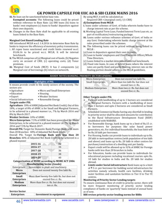 GK POWER CAPSULE FOR UIIC AO & SBI CLERK MAINS 2016
46 www.bankersadda.com | www.sscadda.com | www.careerpower.in | www.careeradda.co.in
iii. No loan can be sanctioned below base rate.
Exempted accounts: The following loans could be priced
without reference to Base Rate: (a) DRI loans (b) loans to
banks’ own employees (c) loans to banks’ depositors against
their own deposits.
iv. Changes in the Base Rate shall be applicable to all existing
loans linked to the Base Rate.
Marginal Cost Based Lending Rate
RBI introduced MCLR w.e.f. 1.4.2016 to determine Base Rate by
banks to improve the efficiency of monetary policy transmission.
i. All rupee loans sanctioned and credit limits renewed w.e.f.
01.04.16 to be priced w.r.t. MCLR. It will be internal
benchmark.
ii. The MCLR comprises of (a) Marginal cost of funds; (b) Negative
carry on account of CRR; (c) operating costs; (d) Tenor
premium.
iii. Marginal Cost of funds (MCF): It has 2 components (a)
Marginal cost of borrowings (b) return on networth.
By using MCF, it will be calculated as:
Required CRR × (marginal cost) / (1-CRR)
d) Exemptions from MCLR
i. loans under schemes of Govt. of India wherein banks have to
charge interest rate as per the scheme.
ii. Working Capital Term Loan, Funded Interest Term Loan etc. as
part of rectification/restructuring package.
iii. Loans under various refinance schemes of Govt. of India or
any Govt. Undertaking wherein banks charge interest at the
rates prescribed under the schemes.
iv. The following loans can be priced without being linked to
MCLR :
(a) Loan to depositors against their own deposits.
(b) Loan to banks’ employees and Chief Executive Officer/Whole
Time Directors.
(c) Loans linked to a market determined external benchmark.
(d) Fixed rate loans. In case of hybrid loans where the interest
rates are partly fixed and partly floating, interest rate on the
floating portion should adhere to the MCLR guidelines.
HANDY NOTES BANKING: PRIORITY SECTOR LENDING
Highlights of PSL
It means provide credit to the needy sectors of the society. The
sectors are:
• Agriculture • Micro and Small Enterprises
• Education • Housing
• Export • Weaker Sections
• Social Infrastructure • Renewable Energy
Targets under PSL
Agriculture: 18% of ANBC(Adjusted Net Bank Credit). Out of this
18%, a target of 8% of ANBC is for Small and Marginal Farmers,
to be achieved in a phased manner i.e., 7% by March 2016 and
8% by March 2017.
Weaker Sections: 10% of ANBC.
Micro Enterprises: 7.5% of ANBC has been prescribed for Micro
Enterprises, to be achieved in a phased manner i.e. 7% by March
2016 and 7.5% by March 2017.
Overall PSL Target for Domestic Bank/Foreign Bank with more
than 20 Branches: 40% of Adjusted Net Bank Credit.
Overall PSL Target for Foreign Bank with less than 20
Branches: 40% of Adjusted Net Bank Credit to be achieved in a
phased manner
2015-16 32
2016-17 34
2017-18 36
2018-19 38
2019-20 40
Categorization of MSME according to MSME ACT 2006
Manufacturing Sector (Goods)
Enterprises Investment in plant and machinery
Micro
Enterprises
Does not exceed twenty five lakh Rs.
Small
Enterprises
More than twenty five lakh Rs. but does not
exceed five cr. Rs.
Medium
Enterprises
More than five cr. Rs. but does not exceed
ten cr. Rs.
Service Sector
Enterprises Investment in equipment
Micro Enterprises Does not exceed ten lakh Rs.
Small Enterprises More than ten lakh Rs. but does not
exceed two cr. Rs.
Medium Enterprises More than two cr. Rs. but does not
exceed five cr. Rs.
Other Targets under PSL
 Farmers with landholding of up to 1 hectare are considered
as Marginal Farmers. Farmers with a landholding of more
than 1 hectare and upto 2 hectares are considered as Small
Farmers.
 Scheduled Commercial Banks having any shortfall in lending
to priority sector shall be allocated amounts for contribution
to the Rural Infrastructure Development Fund (RIDF)
established with NABARD.
 For Renewable Energy, bank loans up to a limit of Rs.15 cr.
to borrowers for purposes like solar based power
generators, etc. For individual households, the loan limit will
be Rs.10 lakh per borrower.
 For Housing, banks can provide loans to individuals up to Rs.
28 lakh in metropolitan centres (with population of ten lakh
and above) and loans up to Rs. 20 lakh in other centres for
purchase/construction of a dwelling unit per family.
 Export credit will be allowed up to 32% of ANBC for Foreign
banks with less than 20 branches in India.
 For Education, banks can provide loans to individuals for
educational purposes including vocational courses upto Rs.
10 lakh for studies in India and Rs. 20 lakh for studies
abroad.
 Limits under Social infrastructure Bank loans up to a limit
of ₹ 5 cr. per borrower for building social infrastructure for
activities namely schools, health care facilities, drinking
water facilities and sanitation facilities in Tier II to Tier VI
centres.
Monitoring of Priority Sector Lending targets
To ensure continuous flow of credit to priority sector, there will
be more frequent monitoring of priority sector lending
compliance of banks on ‘quarterly’ basis instead of annual basis
as of now.
RBI revises priority sector lending norms for RRBs
 