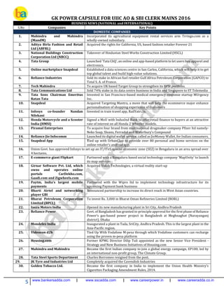 GK POWER CAPSULE FOR UIIC AO & SBI CLERK MAINS 2016
5 www.bankersadda.com | www.sscadda.com | www.careerpower.in | www.careeradda.co.in
BUSINESS NEWS (NATIONAL and INTERNATIONAL)
S.No Companies Key Points
DOMESTIC COMPANIES
1. Mahindra and Mahindra
(MandM)
Incorporated its agricultural equipment rental services arm Trringo.com as a
wholly-owned subsidiary.
2. Aditya Birla Fashion and Retail
Ltd (ABFRL)
Acquired the rights for California, US, based fashion retailer Forever 21
3. National Buildings Construction
Corporation Ltd (NBCC)
Takeover of Hindustan Steel Works Construction Limited (HSCL)
4. Tata Group Launched 'Tata CliQ', an online and app-based platform to let users buy apparel and
electronics.
5. Online marketplace Snapdeal Established a data sciences centre in San Carlos, California, which will help it to get
top global talent and build high-value solutions.
6. Reliance Industries Sold its stake in African fuel retailer Gulf Africa Petroleum Corporation (GAPCO) to
Total S. A. of France.
7. Tech Mahindra To acquire UK based Target Group to strengthen its BFSI portfolio.
8. Tata Communications Ltd Sold 74% stake in its data centre business in India and Singapore to ST Telemedia
9. Tata Sons Chairman Emeritus
Ratan Tata
Invested in San Francisco-based medical emergency response startup MUrgency
Inc.
10. Snapdeal Acquired Targeting Mantra, a move that will help the ecommerce major enhance
personalisation of shopping experience of customers
11. Infosys co-founder Nandan
Nilekani
Invested in train travel app, RailYatri.In.
12. Honda Motorcycle and a Scooter
India (HMSI)
Signed a MoU with IndusInd Bank to offer retail finance to buyers at an attractive
rate of interest on all Honda 2 Wheeler models.
13. Piramal Enterprises To acquire four brand from multinational drugmaker company Pfizer ltd namely-
Neko Soap, Sloans, Ferradol and Waterbury's Compound
14. Reliance Jio Infocomm Launched its digital wallet service, called as JioMoney Wallet, for Indian consumers.
15. Snapdeal App Tied up with UrbanClap to provide over 80 personal and home services on the
online retailer's android app.
16. Union Govt. has approved Infosys to set up an IT/ITeS special economic zone (SEZ) in Bengaluru in an area spread over
4 hectares.
17. E-commerce giant Flipkart Partnered with a Bangaluru based social technology company 'MapUnity' to launch
its map services
18. Girnar Software Pvt. Ltd, which
owns and operates online
portals CarDekho.com,
Gaadi.com and Zigwheels.com
Acquired Volob Technologies, a virtual reality start-up
19. Paytm, India's largest mobile
payments
Partnered with the Wipro ltd to implement technology infrastructure for its
upcoming Payment bank business
20. Bharti Airtel and networking
player GBI
Announced partnership to increase its direct reach in West Asian countries.
21. Bharat Petroleum Corporation
Limited (BPCL)
To invest Rs. 3,000 in Bharat Oman Refineries Limited (BORL)
22. Isuzu Motors India Opened its new manufacturing plant in Sri City, Andhra Pradesh
23. Reliance Power Govt. of Bangladesh has granted in-principle approval for the first phase of Reliance
Power’s gas-based power project in Bangladesh at Meghnaghat (Narayanganj
district), Dhaka
24. Mondelez India Inaugurated a plant in Tada, SriCity, Andhra Pradesh. This is the largest plant in the
Asia-Pacific region.
25. Videocon d2h Tied Up With Vodafone M-pesa through which Vodafone customers can recharge
using the proven m-pesa platform
26. Housing.com Former KPMG Director Dilip Tuli appointed as the new Senior Vice President -
Strategy and New Business Initiatives of Housing.com
27. Mahindra and Mahindra Became the first Indian company to join a global energy campaign, EP100, led by
an international non-profit group, The Climate Group.
28. Tata Steel Sports Department Charles Borromeo resigned from the post.
29. JK Tyre and Industries Ltd Completely acquired the Cavendish Industries
30. Golden Tobacco Ltd. Became the first company in India to implement the Union Health Ministry’s
Cigarettes Packaging Amendment Rules, 2014.
 