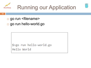 Running our Application
 go run <filename>
 go run hello-world.go
12
 