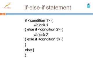 If-else-if statement
if <condition 1> {
//block 1
} else if <condition 2> {
//block 2
} else if <condition 3> {
}
else {
}
39
 