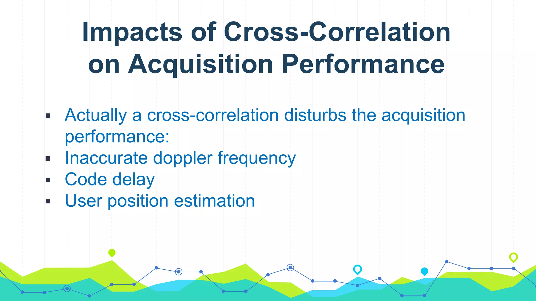 Impacts of Cross-Correlation
on Acquisition Performance
 Actually a cross-correlation disturbs the acquisition
performance:
 Inaccurate doppler frequency
 Code delay
 User position estimation
 