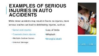 EXAMPLES OF SERIOUS
INJURIES IN AUTO
ACCIDENTS
While minor accidents may result in few to no injuries, more
serious crashe...