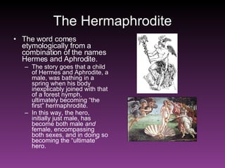 The Hermaphrodite The word comes etymologically from a combination of the names Hermes and Aphrodite. The story goes that a child of Hermes and Aphrodite, a male, was bathing in a spring when his body inexplicably joined with that of a forest nymph, ultimately becoming “the first” hermaphrodite. In this way, the hero, initially just male, has become both male  and  female, encompassing both sexes, and in doing so becoming the “ultimate” hero.  