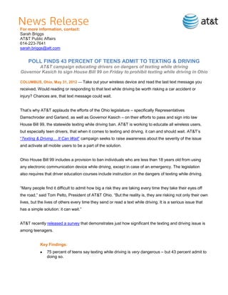 For more information, contact:
Sarah Briggs
AT&T Public Affairs
614-223-7641
sarah.briggs@att.com


    POLL FINDS 43 PERCENT OF TEENS ADMIT TO TEXTING & DRIVING
        AT&T campaign educating drivers on dangers of texting while driving
Governor Kasich to sign House Bill 99 on Friday to prohibit texting while driving in Ohio

COLUMBUS, Ohio, May 31, 2012 — Take out your wireless device and read the last text message you
received. Would reading or responding to that text while driving be worth risking a car accident or
injury? Chances are, that text message could wait.


That’s why AT&T applauds the efforts of the Ohio legislature – specifically Representatives
Damschroder and Garland, as well as Governor Kasich – on their efforts to pass and sign into law
House Bill 99, the statewide texting while driving ban. AT&T is working to educate all wireless users,
but especially teen drivers, that when it comes to texting and driving, it can and should wait. AT&T’s
―Texting & Driving… It Can Wait‖ campaign seeks to raise awareness about the severity of the issue
and activate all mobile users to be a part of the solution.


Ohio House Bill 99 includes a provision to ban individuals who are less than 18 years old from using
any electronic communication device while driving, except in case of an emergency. The legislation
also requires that driver education courses include instruction on the dangers of texting while driving.


―Many people find it difficult to admit how big a risk they are taking every time they take their eyes off
the road,‖ said Tom Pelto, President of AT&T Ohio. ―But the reality is, they are risking not only their own
lives, but the lives of others every time they send or read a text while driving. It is a serious issue that
has a simple solution: it can wait.‖


AT&T recently released a survey that demonstrates just how significant the texting and driving issue is
among teenagers.


           Key Findings:
               75 percent of teens say texting while driving is very dangerous – but 43 percent admit to
               doing so.
 