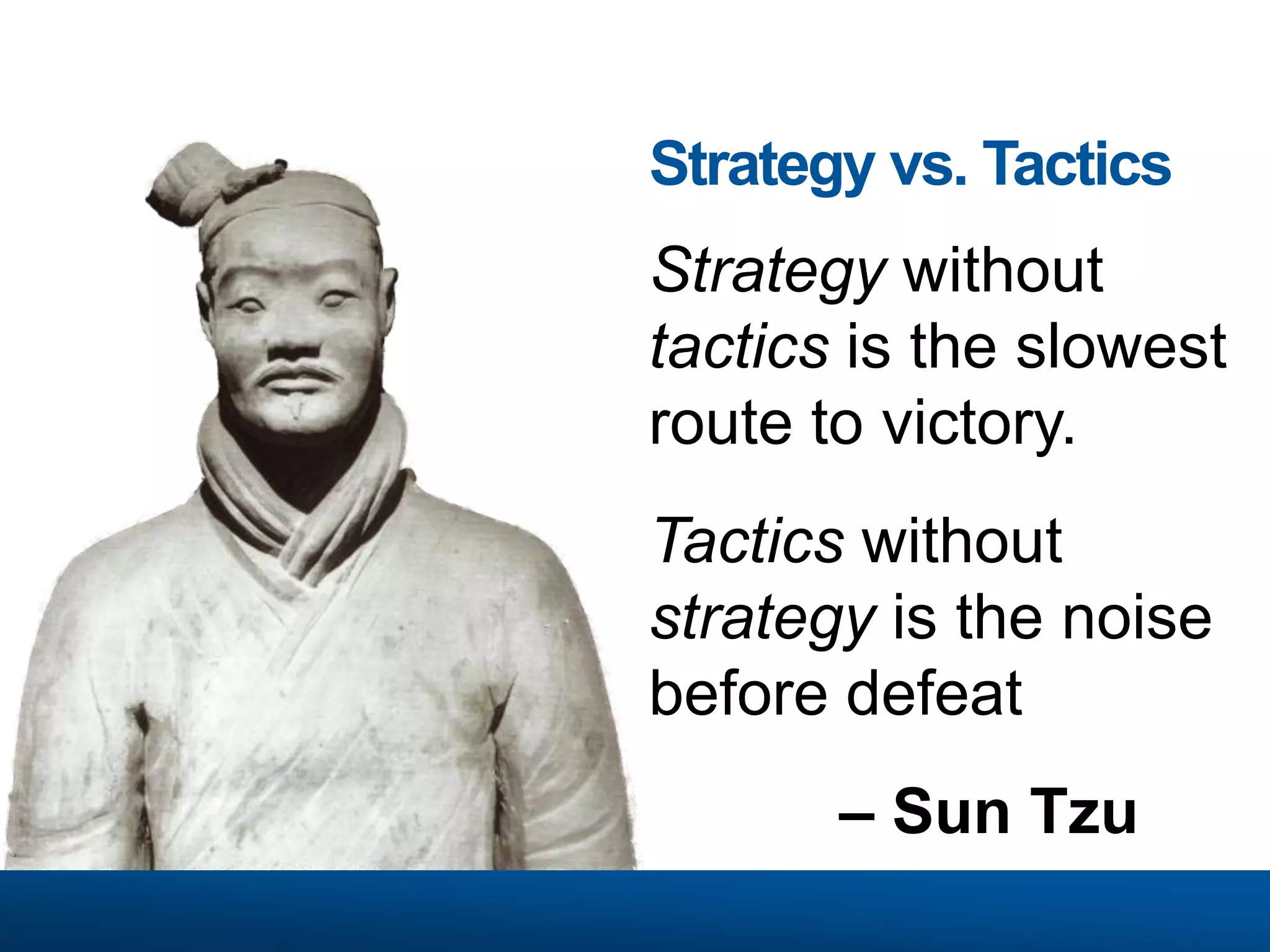 Strategy vs. TacticsStrategy without tactics is the slowest route to victory. Tactics without strategy is the noise before defeat	– Sun Tzu