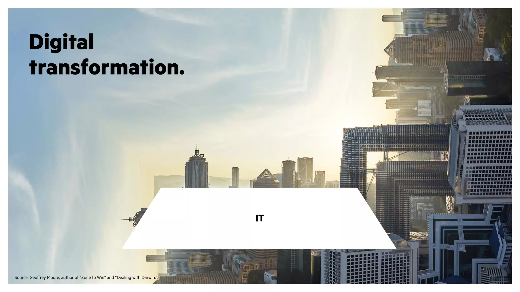 Source: Geoffrey Moore, author of “Zone to Win” and “Dealing with Darwin.”
IT
Digital
transformation.
 