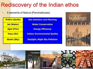 Rediscovery of the Indian ethos
 5 elements of Nature (Panchabhutas)
Prithvi (Earth) Site Selection and Planning
Jal (Water) Water Conservation
Agni (Fire) Energy Efficiency
Vayu (Air) Indoor Environmental Quality
Akash (Sky) Daylight, Night Sky Pollution
Daylighting
Views
Water Body Local materials
 