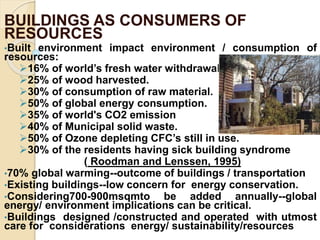 BUILDINGS AS CONSUMERS OF
RESOURCES
•Built environment impact environment / consumption of
resources:
16% of world’s fresh water withdrawal.
25% of wood harvested.
30% of consumption of raw material.
50% of global energy consumption.
35% of world's CO2 emission
40% of Municipal solid waste.
50% of Ozone depleting CFC’s still in use.
30% of the residents having sick building syndrome
( Roodman and Lenssen, 1995)
•70% global warming--outcome of buildings / transportation
•Existing buildings--low concern for energy conservation.
•Considering700-900msqmto be added annually--global
energy/ environment implications can be critical.
•Buildings designed /constructed and operated with utmost
care for considerations energy/ sustainability/resources
 