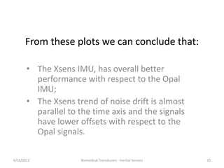 From these plots we can conclude that:
• The Xsens IMU, has overall better
performance with respect to the Opal
IMU;
• The Xsens trend of noise drift is almost
parallel to the time axis and the signals
have lower offsets with respect to the
Opal signals.
6/16/2012 20Biomedical Transducers - Inertial Sensors
 