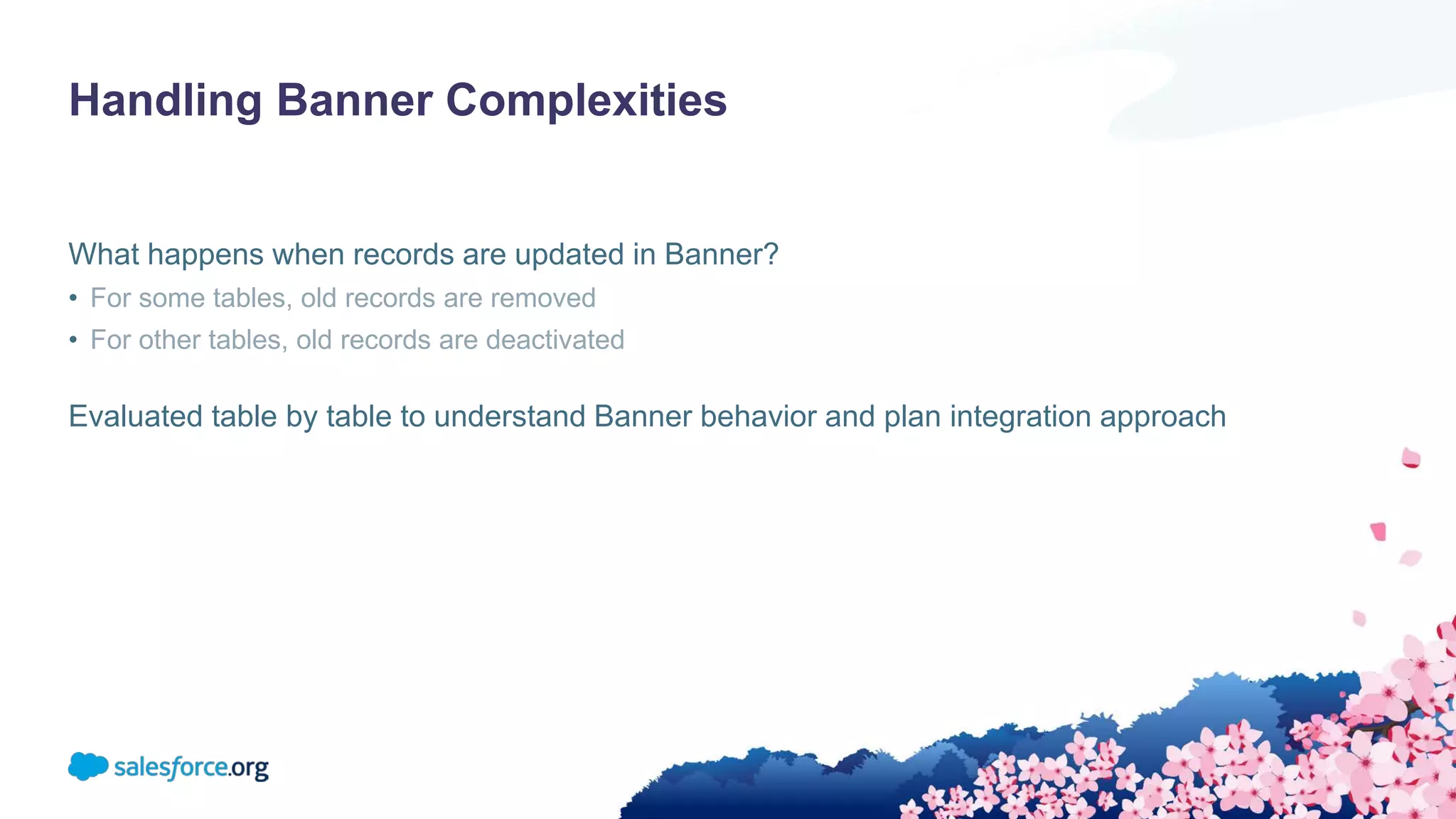Handling Banner Complexities
What happens when records are updated in Banner?
• For some tables, old records are removed
• For other tables, old records are deactivated
Evaluated table by table to understand Banner behavior and plan integration approach
 