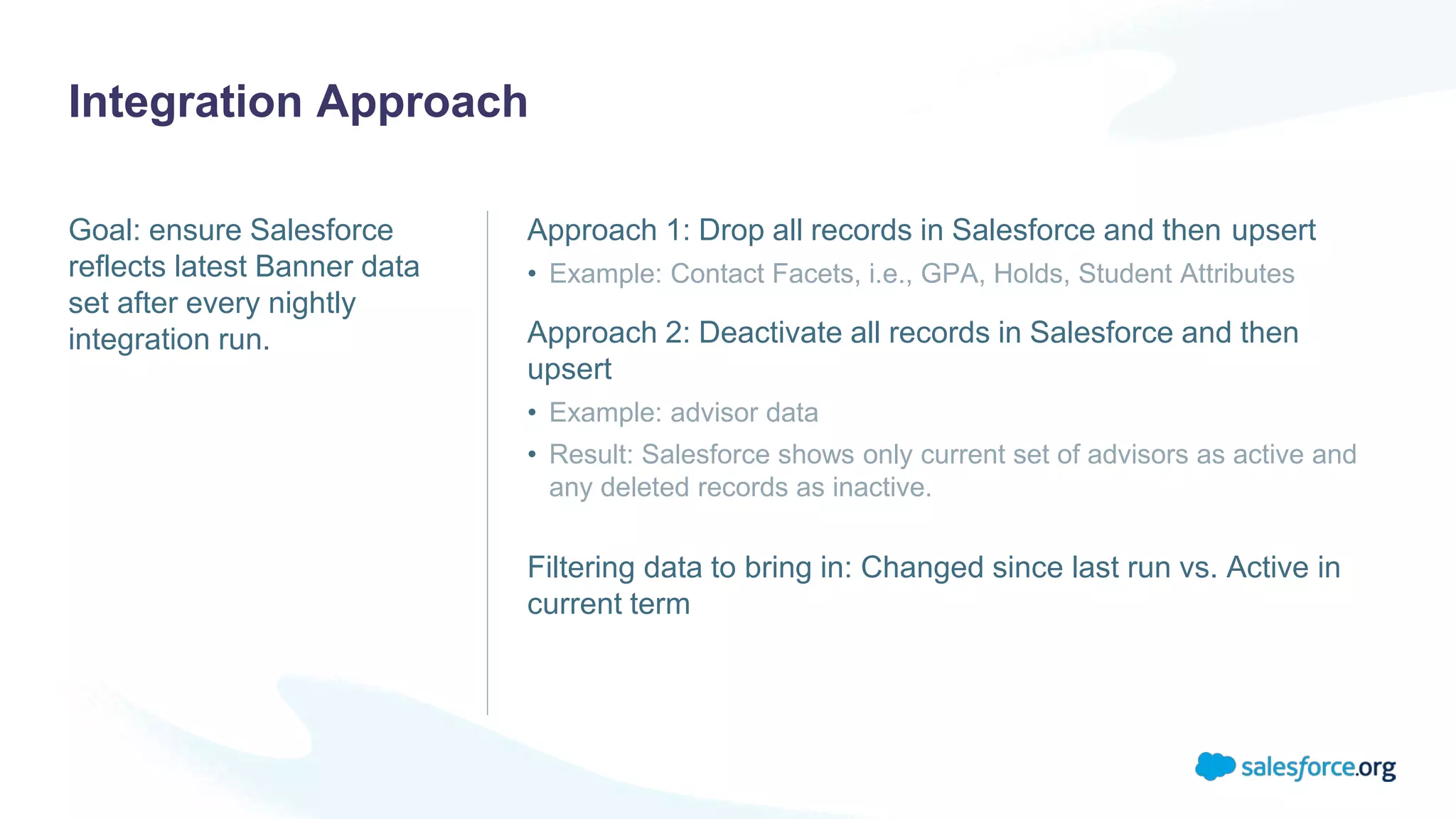 Goal: ensure Salesforce
reflects latest Banner data
set after every nightly
integration run.
Integration Approach
Approach 1: Drop all records in Salesforce and then upsert
• Example: Contact Facets, i.e., GPA, Holds, Student Attributes
Approach 2: Deactivate all records in Salesforce and then
upsert
• Example: advisor data
• Result: Salesforce shows only current set of advisors as active and
any deleted records as inactive.
Filtering data to bring in: Changed since last run vs. Active in
current term
 