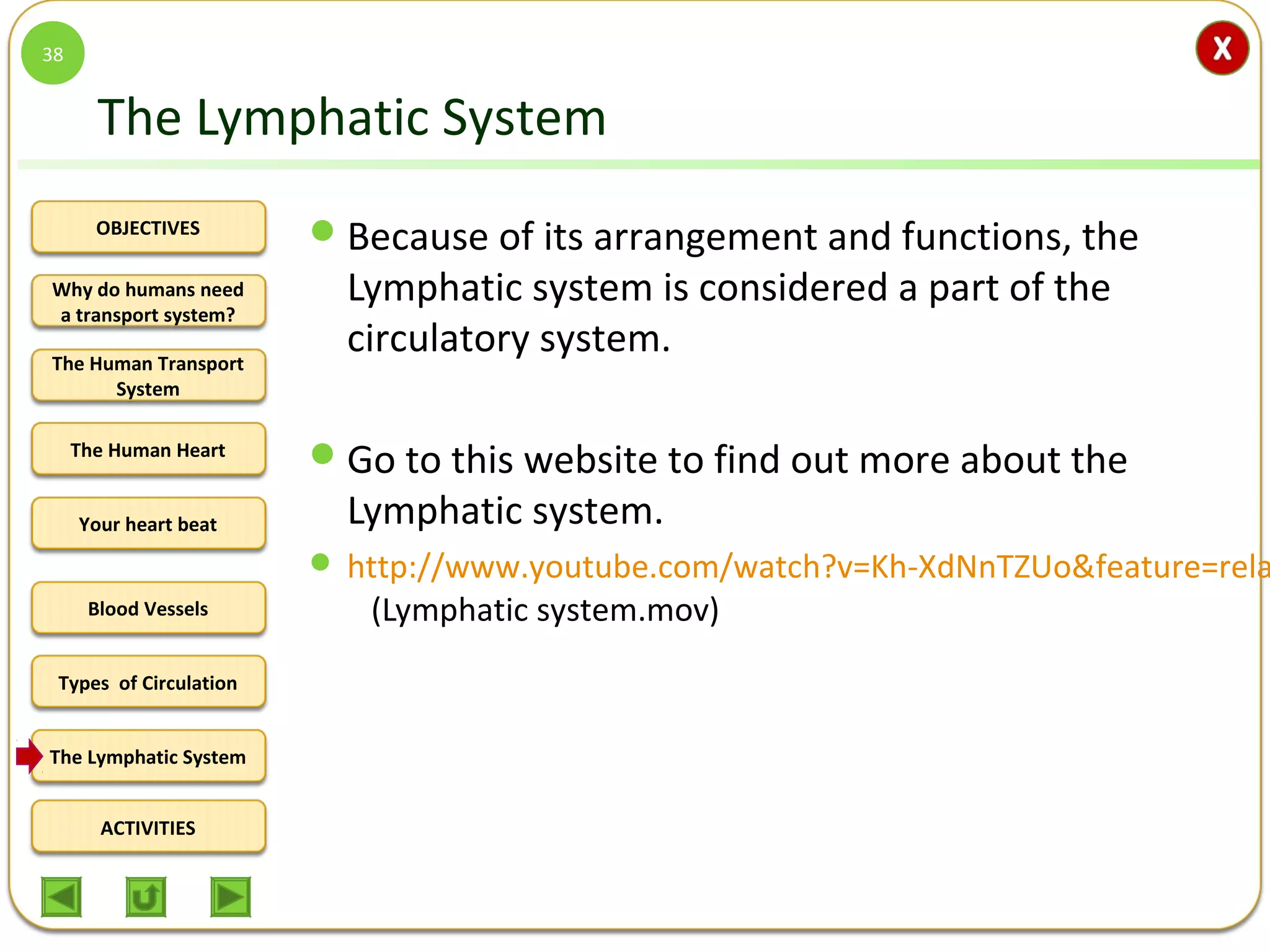 OBJECTIVES
The Human Transport
System
The Human Heart
Blood Vessels
Types of Circulation
ACTIVITIES
Your heart beat
The Lymphatic System
Why do humans need
a transport system?
The Lymphatic System
Because of its arrangement and functions, the
Lymphatic system is considered a part of the
circulatory system.
Go to this website to find out more about the
Lymphatic system.
 http://www.youtube.com/watch?v=Kh-XdNnTZUo&feature=rela
(Lymphatic system.mov)
38
 