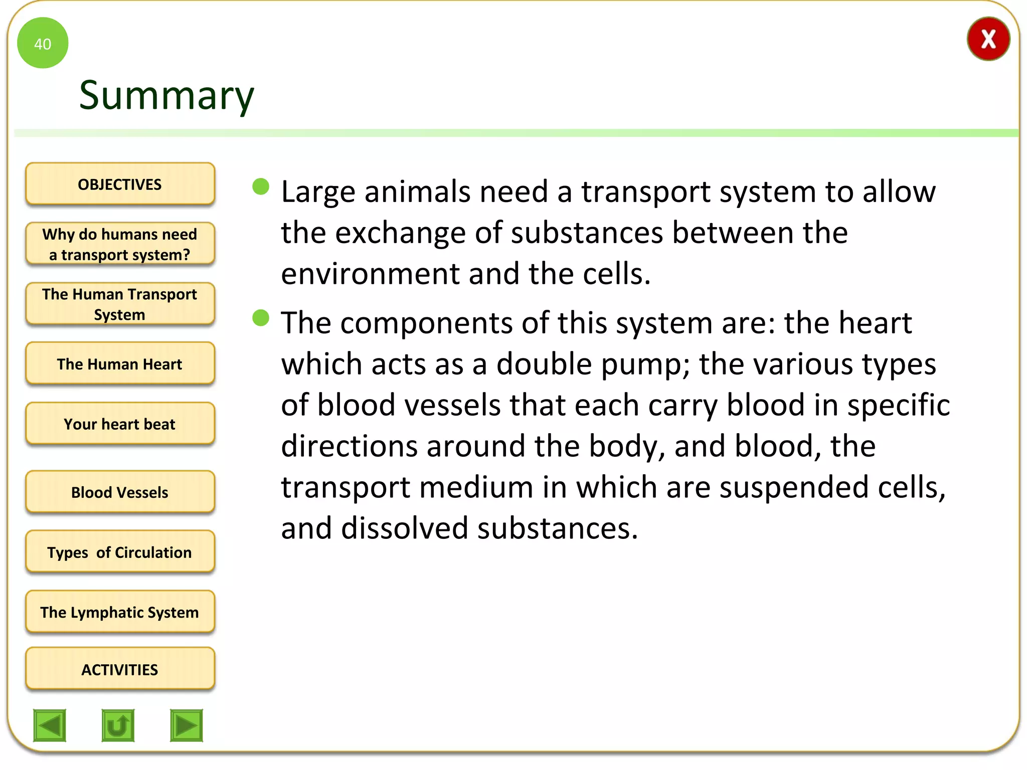 OBJECTIVES
The Human Transport
System
The Human Heart
Blood Vessels
Types of Circulation
ACTIVITIES
Your heart beat
The Lymphatic System
Why do humans need
a transport system?
Summary
Large animals need a transport system to allow
the exchange of substances between the
environment and the cells.
The components of this system are: the heart
which acts as a double pump; the various types
of blood vessels that each carry blood in specific
directions around the body, and blood, the
transport medium in which are suspended cells,
and dissolved substances.
40
 
