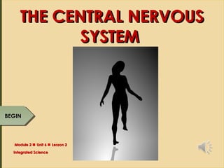 OBJECTIVES
The Central
Nervous System
Connections with
the CNS
What is a neurone?
Are nerves the
same as neurones?
REVIEW & QUIZ
INTRODUCTION
THE CENTRAL NERVOUSTHE CENTRAL NERVOUS
SYSTEMSYSTEM
THE CENTRAL NERVOUSTHE CENTRAL NERVOUS
SYSTEMSYSTEM
Module 2Module 2  Unit 6Unit 6  Lesson 2Lesson 2
Integrated ScienceIntegrated Science
BEGINBEGIN
 