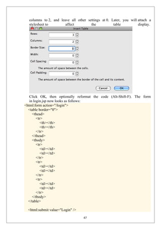 columns to 2, and leave all other settings at 0. Later, you will attach a
stylesheet to affect the table display.
Click OK, then optionally reformat the code (Alt-Shift-F). The form
in login.jsp now looks as follows:
<html:form action="/login">
<table border="0">
<thead>
<tr>
<th></th>
<th></th>
</tr>
</thead>
<tbody>
<tr>
<td></td>
<td></td>
</tr>
<tr>
<td></td>
<td></td>
</tr>
<tr>
<td></td>
<td></td>
</tr>
</tbody>
</table>
<html:submit value="Login" />
67
 
