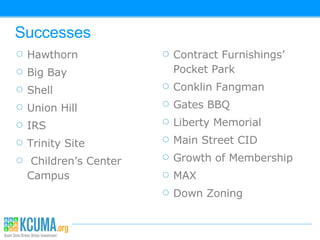 Successes Hawthorn Big Bay Shell Union Hill IRS Trinity Site Children’s Center Campus Contract Furnishings’ Pocket Park Conklin Fangman Gates BBQ Liberty Memorial Main Street CID  Growth of Membership MAX  Down Zoning 