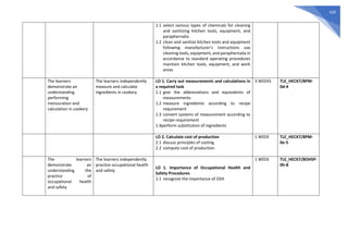 418
1.1 select various types of chemicals for cleaning
and sanitizing kitchen tools, equipment, and
paraphernalia
1.2 clean and sanitize kitchen tools and equipment
following manufacturer’s instructions use
cleaning tools, equipment, and paraphernalia in
accordance to standard operating procedures
maintain kitchen tools, equipment, and work
areas
The learners
demonstrate an
understanding
performing
mensuration and
calculation in cookery
The learners independently
measure and calculate
ingredients in cookery
LO 1. Carry out measurements and calculations in
a required task
1.1 give the abbreviations and equivalents of
measurements
1.2 measure ingredients according to recipe
requirement
1.3 convert systems of measurement according to
recipe requirement
1.4perform substitution of ingredients
3 WEEKS TLE_HECK7/8PM-
0d-4
LO 2. Calculate cost of production
2.1 discuss principles of costing
2.2 compute cost of production
1 WEEK TLE_HECK7/8PM-
0e-5
The learners
demonstrate an
understanding the
practice of
occupational health
and safety
The learners independently
practice occupational health
and safety
LO 1. Importance of Occupational Health and
Safety Procedures
1.1 recognize the importance of OSH
1 WEEK TLE_HECK7/8OHSP-
0h-8
 