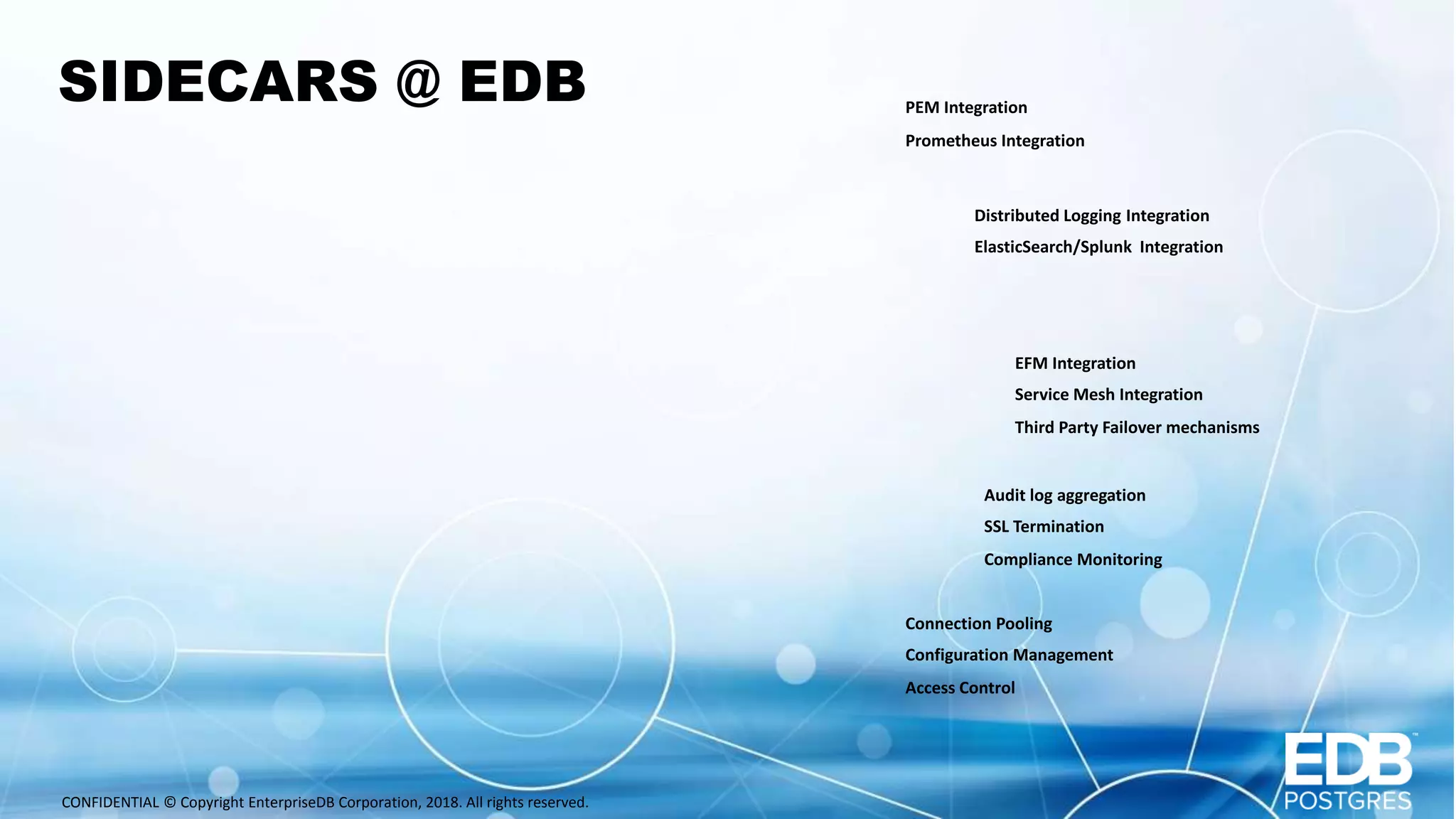 CONFIDENTIAL © Copyright EnterpriseDB Corporation, 2018. All rights reserved. SIDECARS @ EDB PEM Integration Prometheus Integration Distributed Logging Integration ElasticSearch/Splunk Integration EFM Integration Service Mesh Integration Third Party Failover mechanisms Audit log aggregation SSL Termination Compliance Monitoring Connection Pooling Configuration Management Access Control 