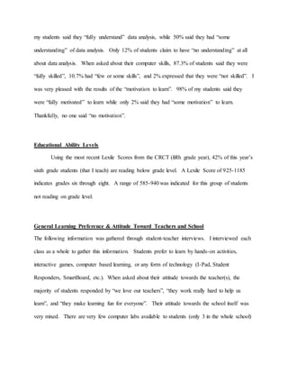 my students said they “fully understand” data analysis, while 50% said they had “some
understanding” of data analysis. Only 12% of students claim to have “no understanding” at all
about data analysis. When asked about their computer skills, 87.3% of students said they were
“fully skilled”, 10.7% had “few or some skills”, and 2% expressed that they were “not skilled”. I
was very pleased with the results of the “motivation to learn”. 98% of my students said they
were “fully motivated” to learn while only 2% said they had “some motivation” to learn.
Thankfully, no one said “no motivation”.
Educational Ability Levels
Using the most recent Lexile Scores from the CRCT (fifth grade year), 42% of this year’s
sixth grade students (that I teach) are reading below grade level. A Lexile Score of 925-1185
indicates grades six through eight. A range of 585-940 was indicated for this group of students
not reading on grade level.
General Learning Preference & Attitude Toward Teachers and School
The following information was gathered through student-teacher interviews. I interviewed each
class as a whole to gather this information. Students prefer to learn by hands-on activities,
interactive games, computer based learning, or any form of technology (I-Pad, Student
Responders, SmartBoard, etc.). When asked about their attitude towards the teacher(s), the
majority of students responded by “we love our teachers”, “they work really hard to help us
learn”, and “they make learning fun for everyone”. Their attitude towards the school itself was
very mixed. There are very few computer labs available to students (only 3 in the whole school)
 