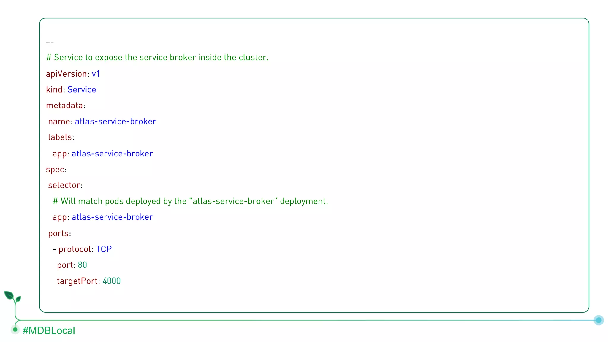 #MDBLocal --- # Service to expose the service broker inside the cluster. apiVersion: v1 kind: Service metadata: name: atlas-service-broker labels: app: atlas-service-broker spec: selector: # Will match pods deployed by the "atlas-service-broker" deployment. app: atlas-service-broker ports: - protocol: TCP port: 80 targetPort: 4000 