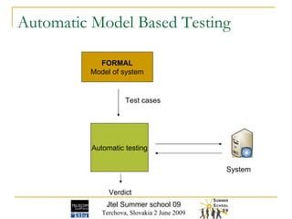 Automatic   Model Based Testing Automatic testing Verdict Test cases FORMAL Model of system System Jtel Summer school 09 Terchova, Slovakia 2 June 2009 