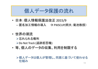 個人データ保護の流れ
• 日本：個人情報保護法改正 2015/9
– 匿名加工情報の導入  PWSCUP(明大：菊池教授）
• 世界の潮流
忘れられる権利
Do Not Track (追跡拒否権)
• 等、個人のデータの収集、利用を制限する
個人データは個人が管理し、同意に基づいて使わせる
仕組み 132
 