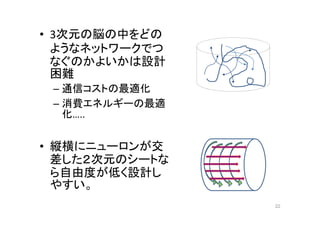 • 3次元の脳の中をどの
ようなネットワークでつ
なぐのかよいかは設計
困難
– 通信コストの最適化
– 消費エネルギーの最適
化…..
• 縦横にニューロンが交
差した２次元のシートな
ら自由度が低く設計し
やすい。
22
 