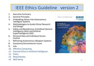 IEEE Ethics Guideline version 2
1. Executive Summary
2. General Principles
3. Embedding Values Into Autonomous
Intelligent Systems
4. Methodologies to Guide Ethical Research
and Design
5. Safety and Beneficence of Artificial General
Intelligence (AGI) and Artificial
Superintelligence (ASI)
6. Personal Data and Individual Access
Control
7. Reframing Autonomous Weapons Systems
8. Economics/Humanitarian Issues
9. Law
10. Affective Computing
11. Classical Ethics in Artificial Intelligence
12. Policy
13. Mixed Reality
14. Well-being 57
 