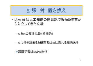 拡張 対 置き換え
• IA vs AI は人工知能の創世記である60年前か
ら対立してきた立場
– AIとIAの夏冬は逆（相補的）
– AIに行き詰まると研究者はIAに流れる傾向あり
深層学習はIAかAIか？
61
 