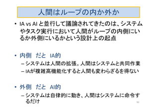 人間はループの内か外か
• IA vs AI と並行して議論されてきたのは、システム
やタスク実行において人間がループの内側にい
るか外側にいるかという設計上の起点
• 内側 だと IA的
– システムは人間の拡張。人間はシステムと共同作業
– IAが複雑高機能化すると人間も変わらざるを得ない
• 外側 だと AI的
– システムは自律的に動き、人間はシステムに命令す
るだけ 62
 