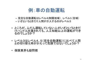 例：車の自動運転
– 完全な自動運転はレベル４(制限地域），レベル5（全域）
– いざというときだけ人間が介入するのがレベル３
• ところが、ふだん運転していない人がいざというときだ
けハンドルを渡されても、人工知能以上の運転ができ
るのでしょうか？
• レベル３はレベル４、５（完全自動運転）に比べて人間
との切り替え時がかえって危険ではないでしょうか？
• 保険業界も疑問視
90
 