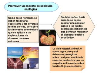 Promover un aspecto de sabiduría  ecológica Como seres humanos se deben respetar al ecosistema y las diversas formas de vida, por sobre los intereses económicos que se aplican a las explotaciones de diversos recursos naturales   Se debe definir hasta cuando se puede aceptar una posición crítica a los límites ecológicos del planeta que permitan mantener el bienestar social y económico  La vida vegetal, animal, el suelo, agua, aire y sol deben ser protegidas sobre cualquier medida de carácter productiva que  se respalde únicamente sobre fuertes flujos monetarios. 