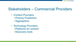15
Stakeholders – Commercial Providers
 Content Providers
Primary Publishers
Aggregators
 Technology Providers
Platforms for content
Discovery tools
 