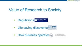7
Value of Research to Society
 Regulations
 Life saving discoveries
 How business operates
 
