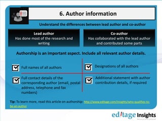 6. Author information
Understand the differences between lead author and co-author
Tip: To learn more, read this article on authorship: http://www.editage.com/insights/who-qualifies-to-
be-an-author
Lead author
Has done most of the research and
writing
Co-author
Has collaborated with the lead author
and contributed some parts
Authorship is an important aspect. Include all relevant author details.
Full names of all authors Designations of all authors
Full contact details of the
corresponding author (email, postal
address, telephone and fax
numbers)
Additional statement with author
contribution details, if required
 