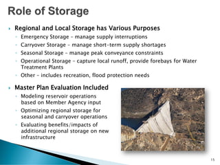  Regional and Local Storage has Various Purposes
◦ Emergency Storage – manage supply interruptions
◦ Carryover Storage – manage short-term supply shortages
◦ Seasonal Storage – manage peak conveyance constraints
◦ Operational Storage – capture local runoff, provide forebays for Water
Treatment Plants
◦ Other – includes recreation, flood protection needs
 Master Plan Evaluation Included
◦ Modeling reservoir operations
based on Member Agency input
◦ Optimizing regional storage for
seasonal and carryover operations
◦ Evaluating benefits/impacts of
additional regional storage on new
infrastructure
15
 