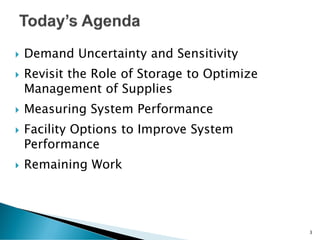  Demand Uncertainty and Sensitivity
 Revisit the Role of Storage to Optimize
Management of Supplies
 Measuring System Performance
 Facility Options to Improve System
Performance
 Remaining Work
3
 