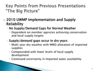  2010 UWMP Implementation and Supply
Reliability
◦ No Supply/Demand Gaps for Normal Weather
 Dependent on member agencies achieving conservation
and local supply targets
◦ Supply/demand gaps occur in dry years
 Multi-year dry weather with MWD allocation of imported
supplies
 Compounded with lower levels of local supply
development
 Continued uncertainty in imported water availability
4
 