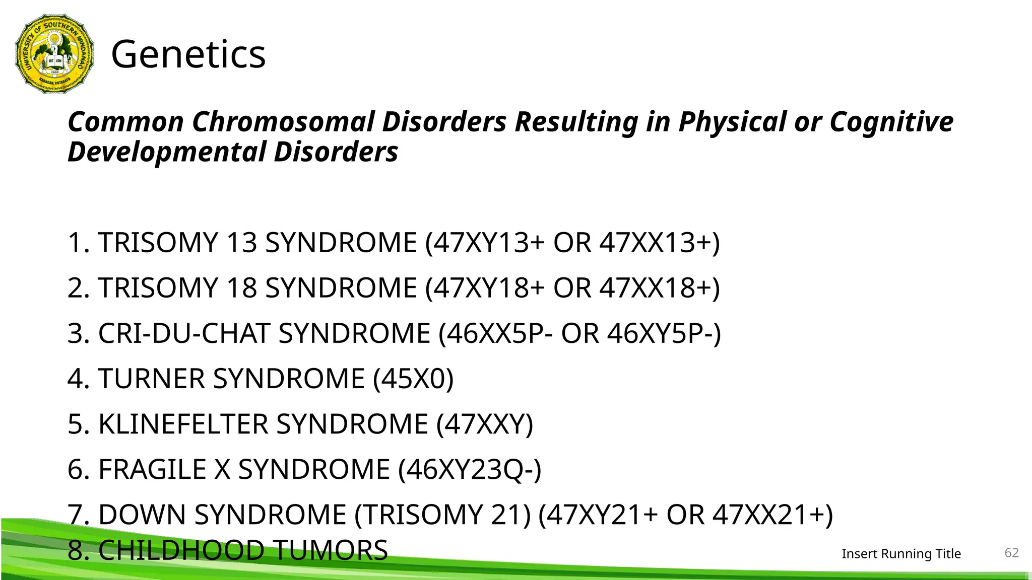 Genetics
Common Chromosomal Disorders Resulting in Physical or Cognitive
Developmental Disorders
1. TRISOMY 13 SYNDROME (47XY13+ OR 47XX13+)
2. TRISOMY 18 SYNDROME (47XY18+ OR 47XX18+)
3. CRI-DU-CHAT SYNDROME (46XX5P- OR 46XY5P-)
4. TURNER SYNDROME (45Χ0)
5. KLINEFELTER SYNDROME (47XXY)
6. FRAGILE X SYNDROME (46XY23Q-)
7. DOWN SYNDROME (TRISOMY 21) (47XY21+ OR 47XX21+)
8. CHILDHOOD TUMORS Insert Running Title 62
 
