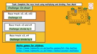 Challenge: On sheet
Task: Complete the race track using multiplying and dividing. Peer Mark
Race track: x2, x5, x10
Challenge: x3
Race track: x3 and x4
Challenge: divide by 3
Race track: x3, x4
Challenge: divide by 4
Maths games for children:
https://www.topmarks.co.uk/maths-games/hit-the-button
https://www.topmarks.co.uk/times-tables/coconut-multiples
 