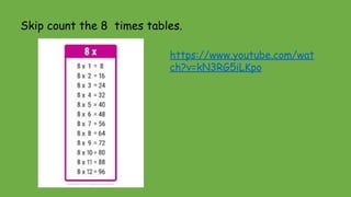 Skip count the 8 times tables.
https://www.youtube.com/wat
ch?v=kN3RG5iLKpo
 