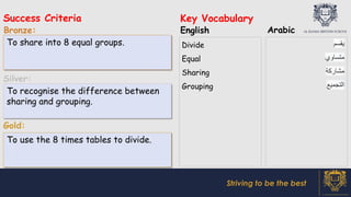 Success Criteria
Bronze:
Silver:
Gold:
Key Vocabulary
English Arabic
Striving to be the best
To recognise the difference between
sharing and grouping.
To use the 8 times tables to divide.
To share into 8 equal groups. Divide
Equal
Sharing
Grouping
‫ﯾﻘﺳم‬
‫ﻣﺗﺳﺎوي‬
‫ﻣﺷﺎرﻛﺔ‬
‫اﻟﺗﺟﻣﯾﻊ‬
 