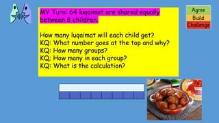 MY Turn: 64 luqaimat are shared equally
between 8 children.
How many luqaimat will each child get?
KQ: What number goes at the top and why?
KQ: How many groups?
KQ; How many in each group?
KQ: What is the calculation?
? ? ? ? ? ? ? ?
 