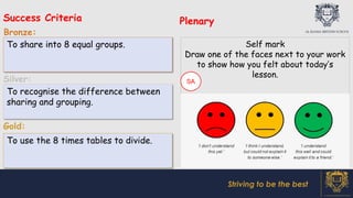 Success Criteria
Bronze:
Silver:
Gold:
Plenary
Striving to be the best
To recognise the difference between
sharing and grouping.
To use the 8 times tables to divide.
To share into 8 equal groups. Self mark
Draw one of the faces next to your work
to show how you felt about today’s
lesson.
SA
 